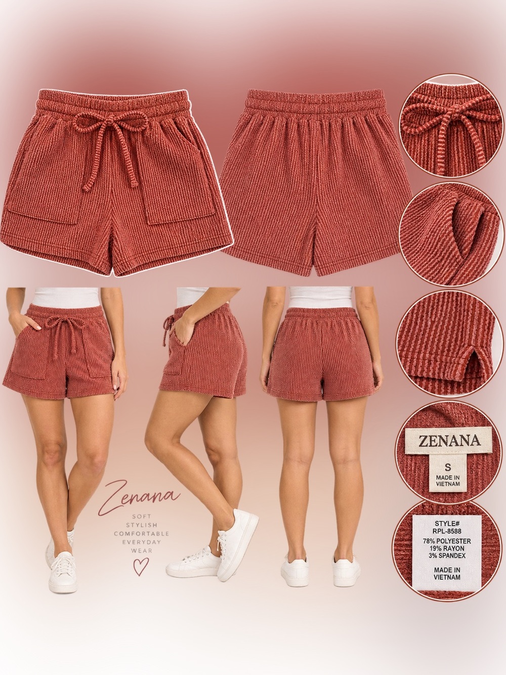 Zenana Outfitters Rust Ribbed Knit Drawstring Women's Shorts